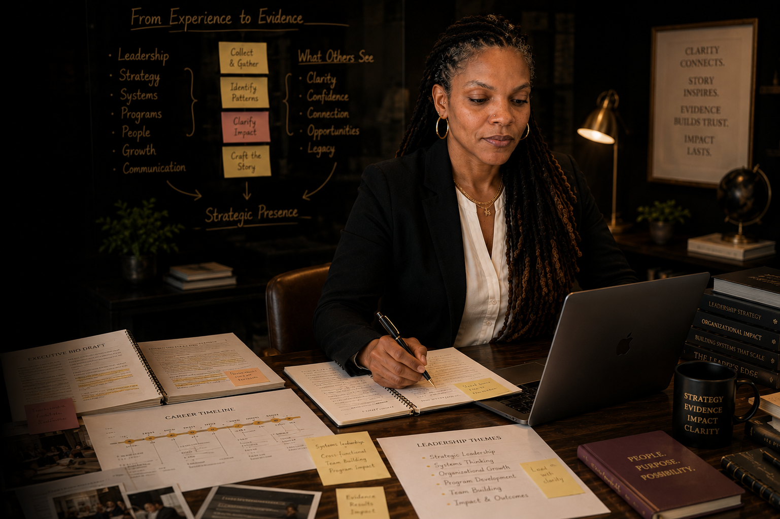 Danielle A. H. Odom at her desk, mapping a client's experience into evidence and a strategic presence